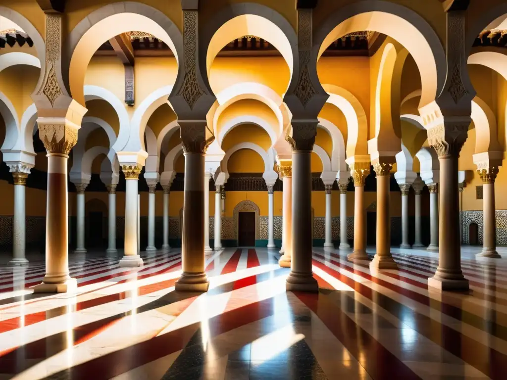 Una imagen realista de la Gran Mezquita de Córdoba, con la luz del sol creando un juego hipnótico de luces y sombras en los arcos y pilares de mármol, capturando la grandeza y reverencia espiritual asociada con la política religiosa en territorios islámicos