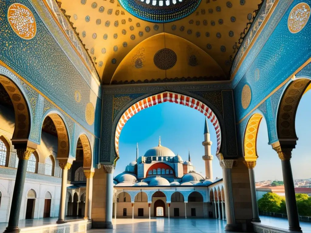 Imagen realista del imponente Palacio de Topkapi en Estambul, con detalles arquitectónicos, colores vibrantes y grandiosidad histórica