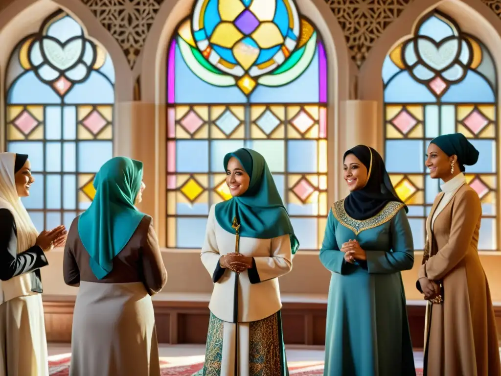 Imagen realista de liderazgo religioso de mujeres en una mezquita, exudando reverencia e inclusividad en la estructura clerical islámica