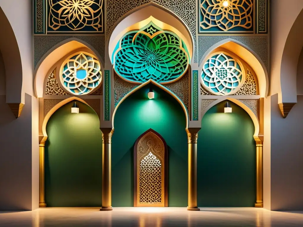 Imagen realista de dos mihrabs, resaltando la evolución del mihrab en mezquitas con patrones geométricos y caligrafía detallada