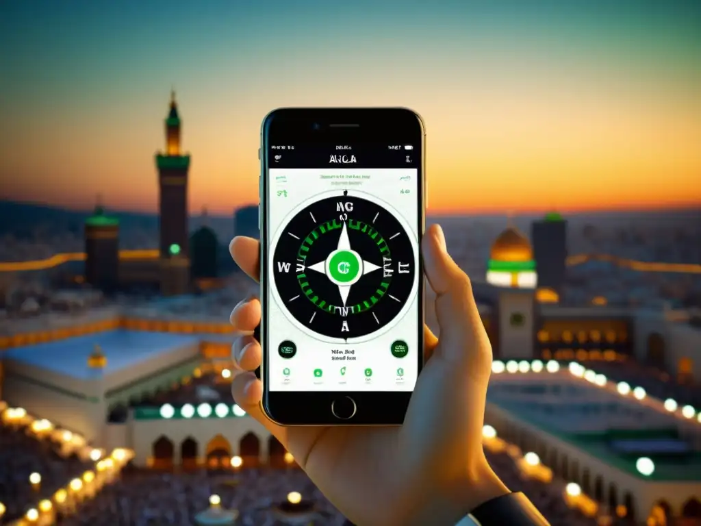 Imagen realista de pantalla de smartphone con app de brújula Qibla mostrando la Kaaba en Meca rodeada de la ciudad