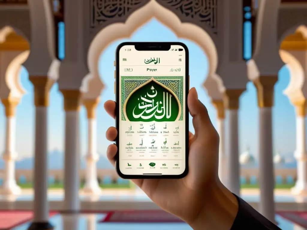 Imagen realista de pantalla de smartphone con app de oración islámica, mostrando la ciencia detrás de las apps islámicas y una atmósfera serena