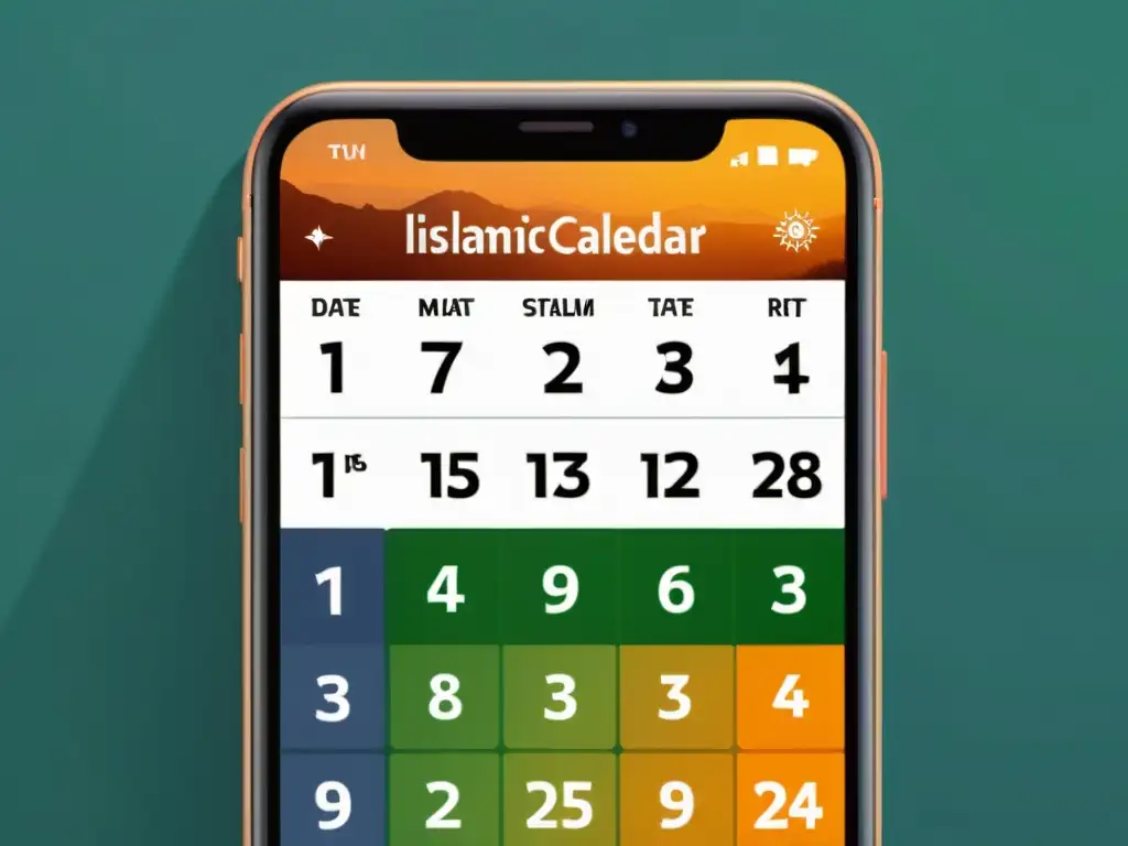 Imagen realista de pantalla de smartphone con app de calendario islámico destacando celebraciones