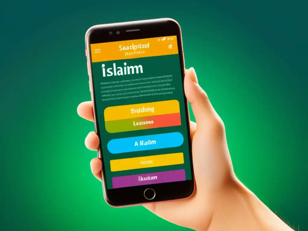 Imagen realista de pantalla de smartphone con la app de estudios del Islam