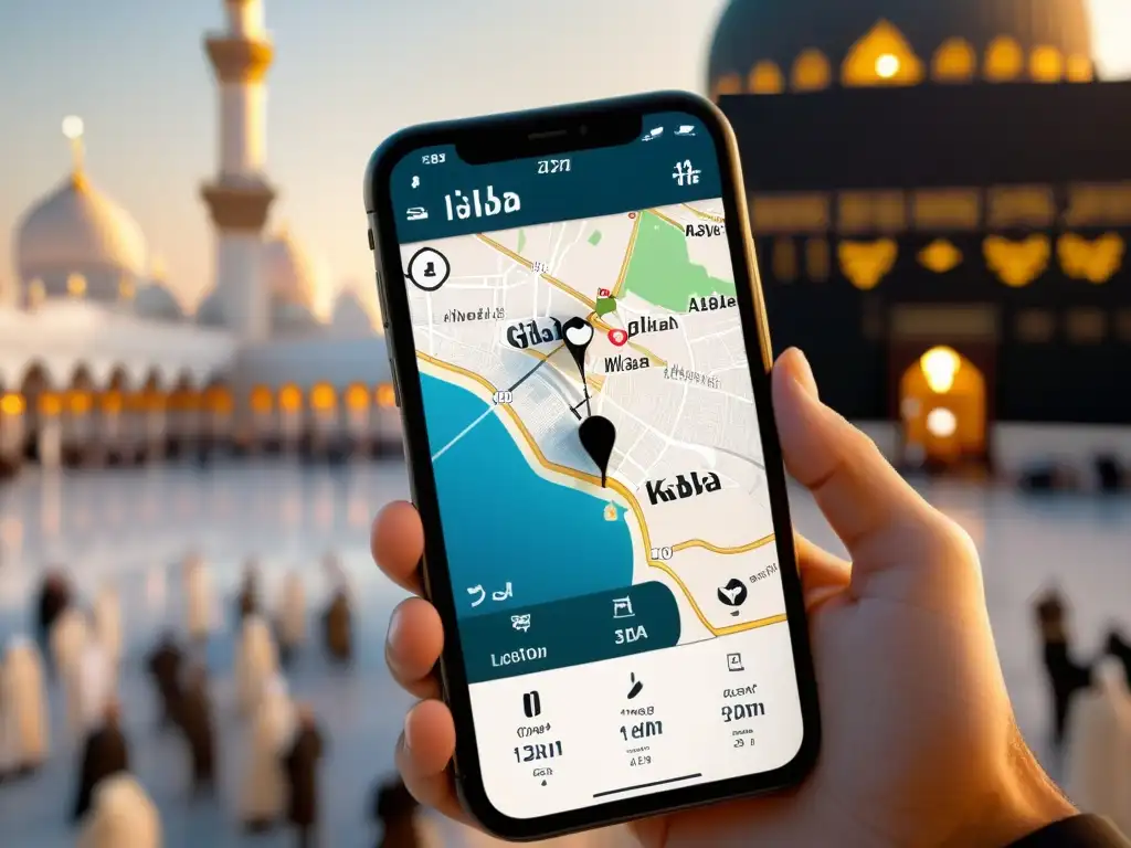 Imagen realista de pantalla de smartphone con app para Encontrar Qibla precisión mundo, mostrando brújula hacia la Kaaba en Mecca