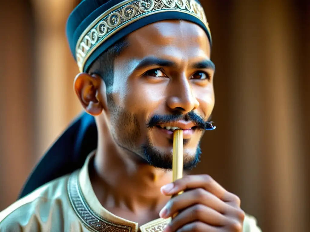 Persona musulmana usando Siwak en la comunidad Una imagen realista de una persona usando un Siwak, una herramienta tradicional musulmana para limpiar los dientes, con detalles intrincados
