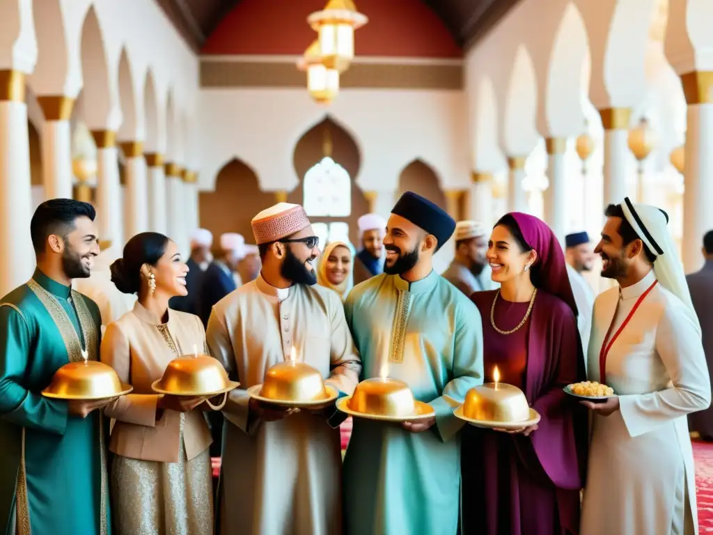 Imagen realista de personas diversas celebrando Eid alFitr en una mezquita decorada, transmitiendo solidaridad y alegría del Islam