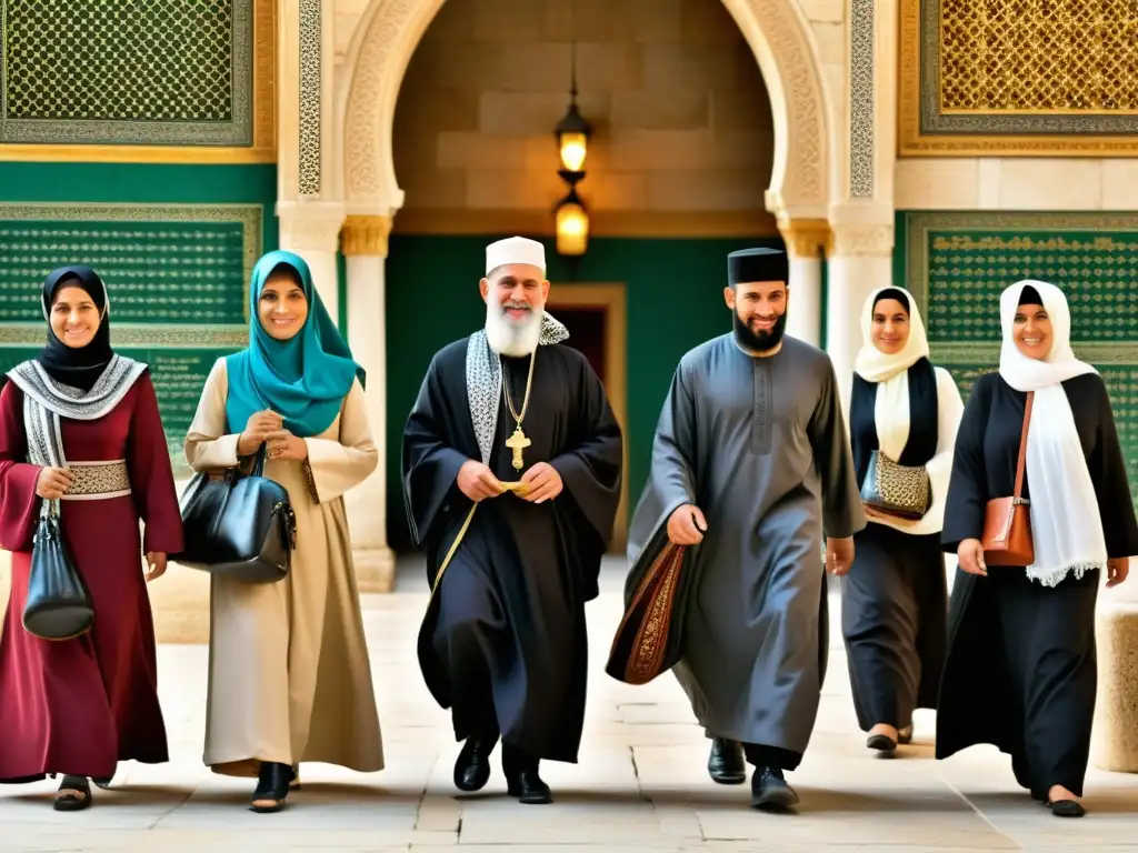 Imagen realista de personas con vestimenta apropiada en lugares sagrados islámicos, entrando a la Mezquita de Al-Aqsa