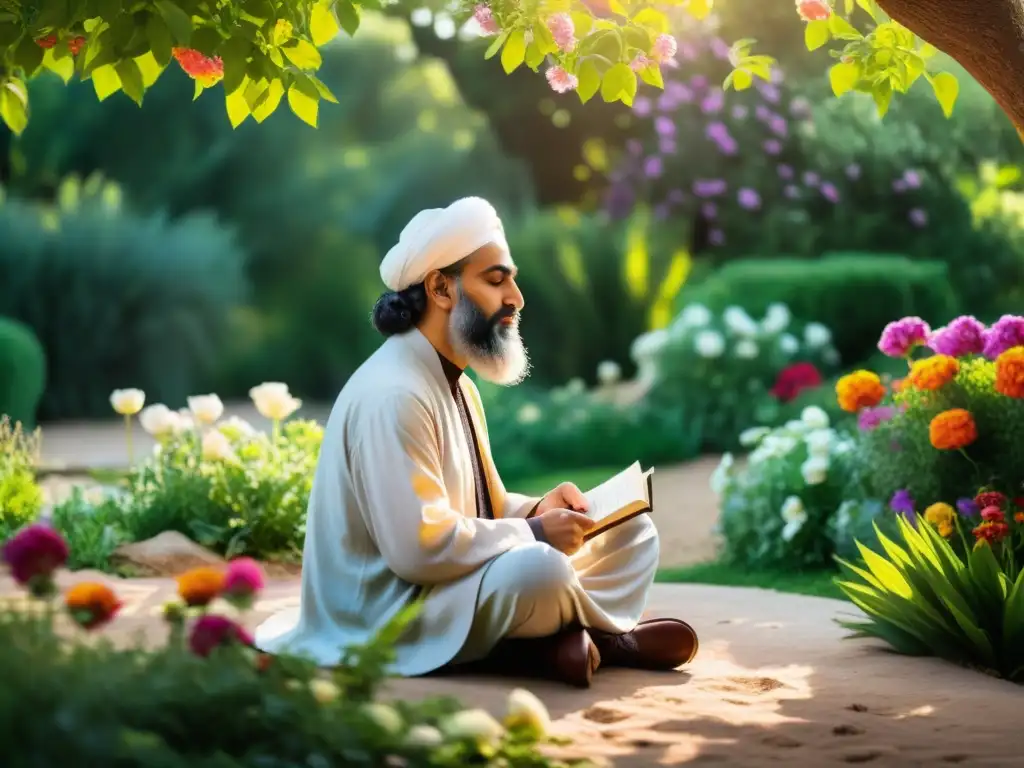 Poeta Sufi persa en jardín sereno Imagen realista de poeta Sufí persa en jardín sereno, escribiendo versos de poesía Sufí