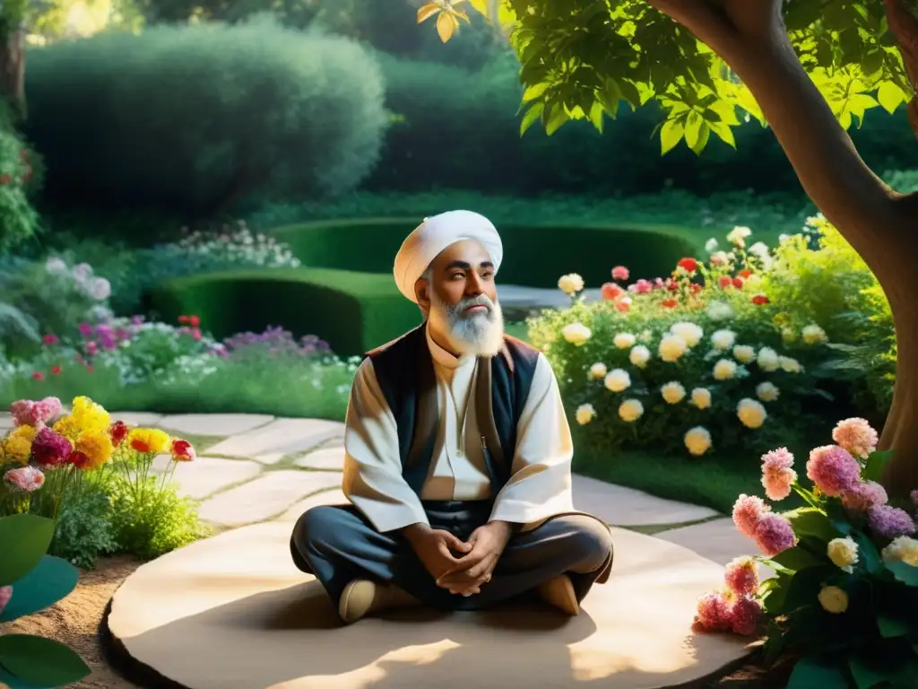 Rumi, poeta Sufi, inspirando sabiduría y paz en un jardín sereno Imagen realista de Rumi, poeta sufí persa, en jardín sereno con seguidores escuchando sus recitaciones poéticas