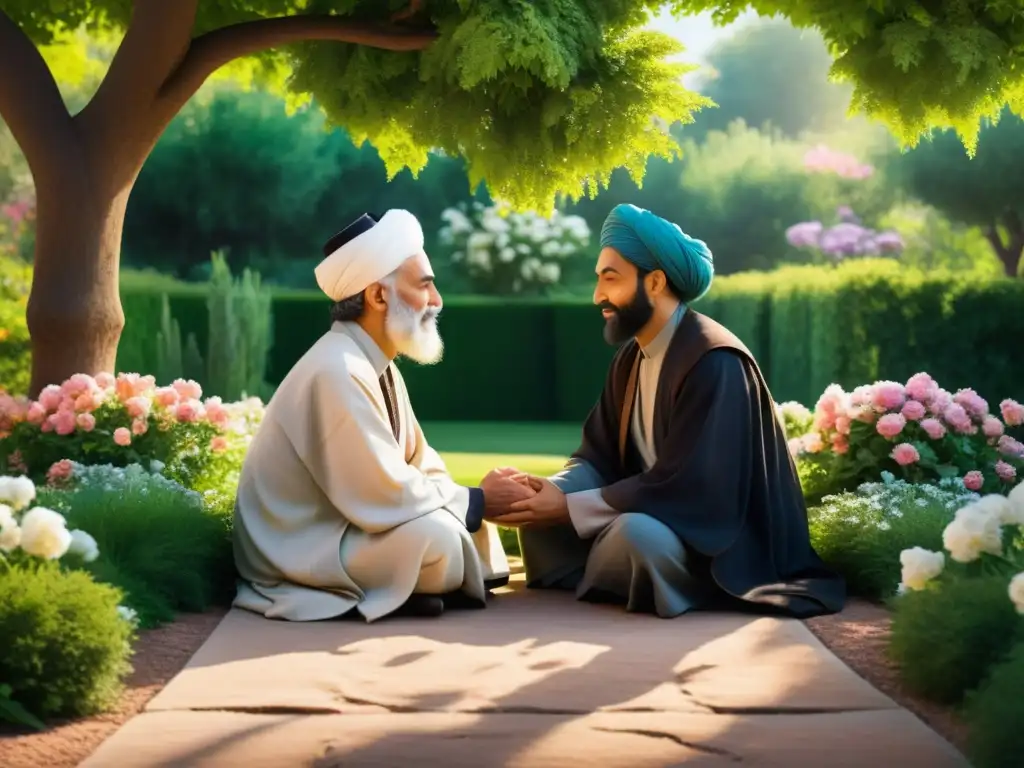 Imagen realista de Rumi y Shams en un jardín sereno, rodeados de flores y verdor