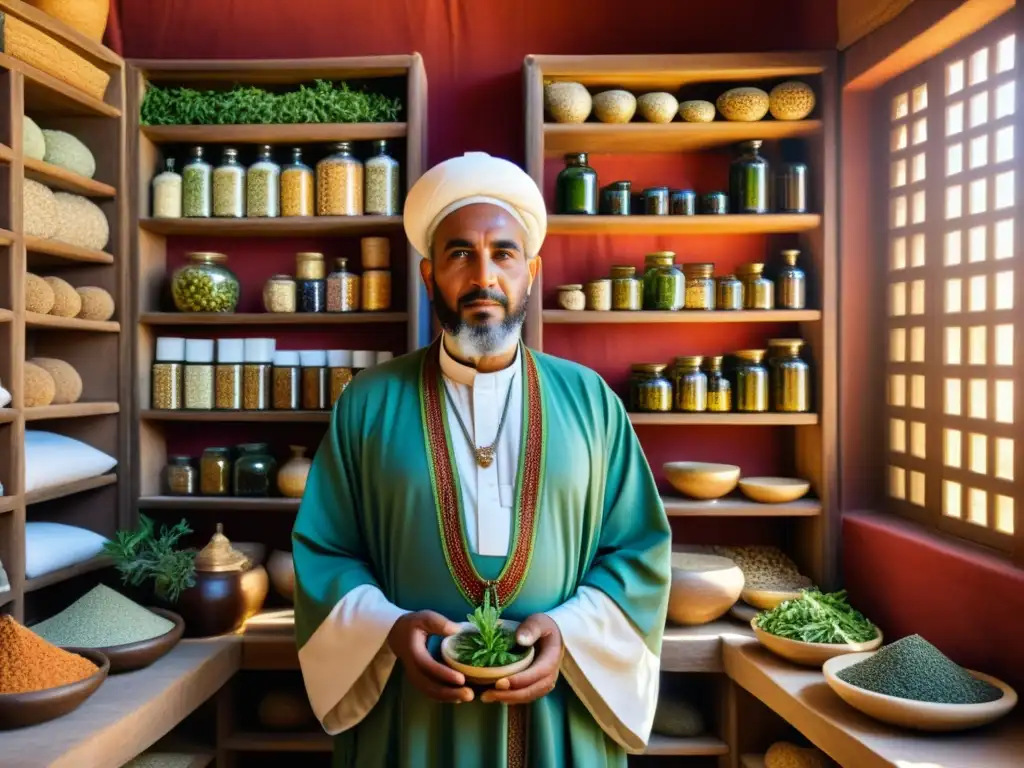 Imagen realista de un sanador islámico rodeado de hierbas medicinales en un ritual