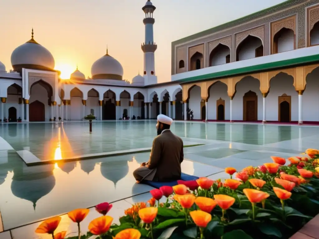 Una imagen realista muestra un tranquilo patio de mezquita al amanecer, con luz suave del sol iluminando la arquitectura