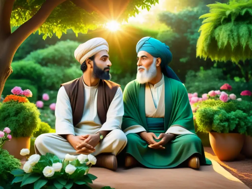 Imagen de Rumi y Shams compartiendo amor transformador en un jardín sereno, rodeados de flores vibrantes y exuberante vegetación