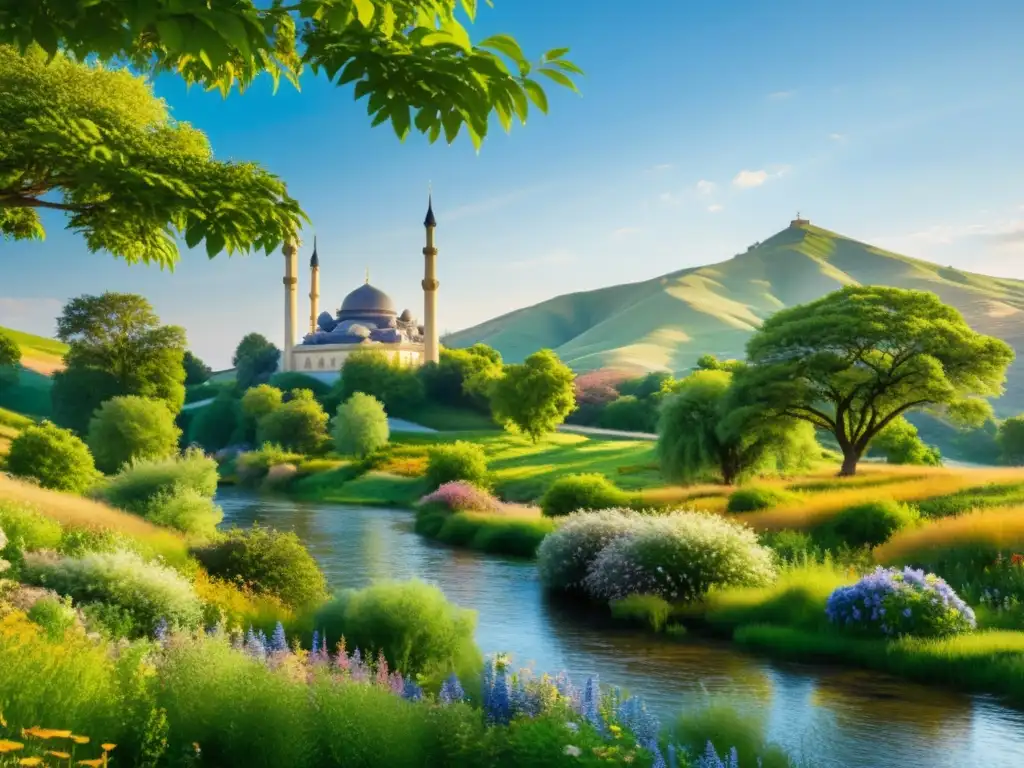 Imagen serena de un paisaje verde exuberante con colinas, arroyo y una mezquita tradicional entre árboles