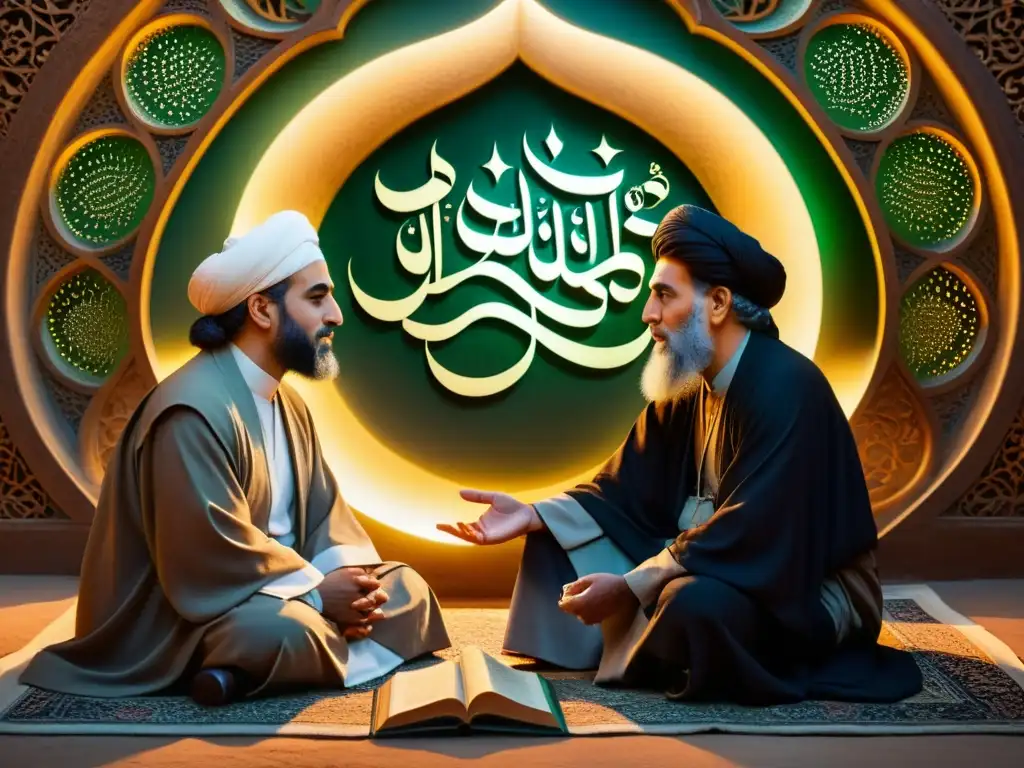 Imagen de Shams de Tabriz y Jalal al-Din Rumi en profunda conversación, rodeados de un resplandor etéreo y patrones intrincados