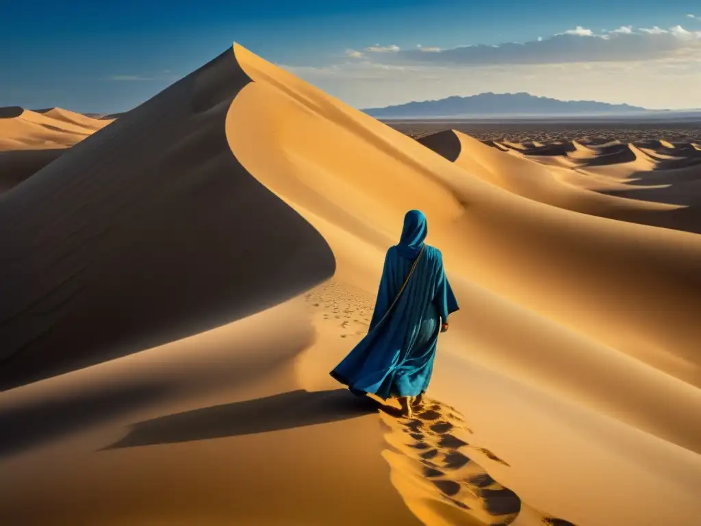 Imagen de un solitario en el desierto, su expresión refleja la poesía de la nostalgia en el Islam