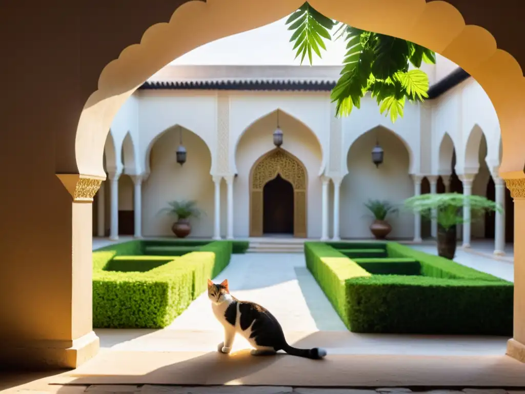 Imagen de un tranquilo patio islámico donde se cuida con cariño a una mascota, destacando el lugar y cuidado de mascotas en el Islam