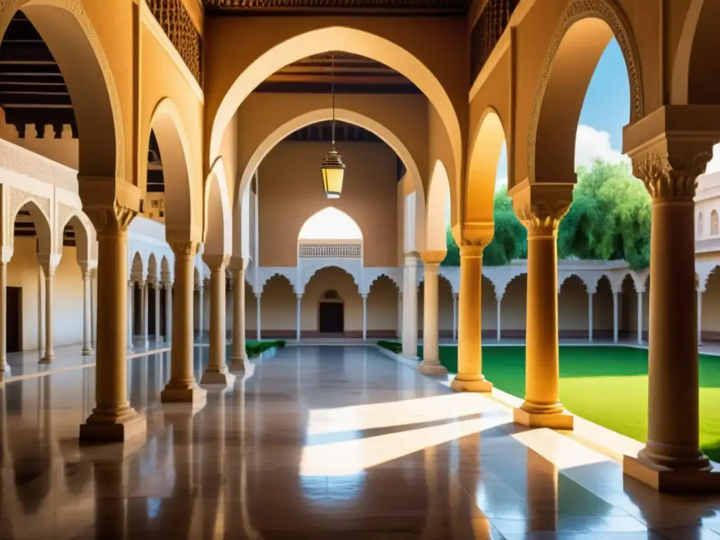 La imagen muestra la universidad más antigua, fundada por Fatima al-Fihri, con detalles arquitectónicos y una atmósfera académica serena