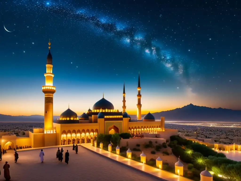 Imagen del Viaje celestial Isra y Mi'raj Islam: paisaje celestial con el Profeta Muhammad ascendiendo en Buraq acompañado por el Ángel Jibril