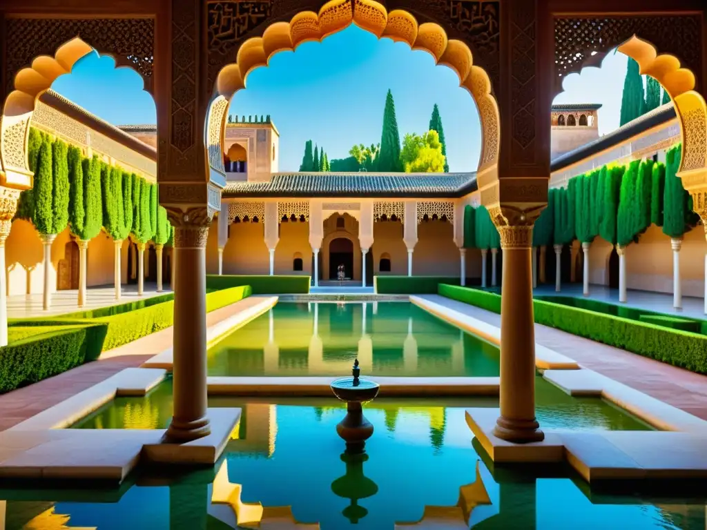 Imagen vibrante de la Alhambra en Granada, destacando la convivencia de las tres culturas en la rica historia de la región