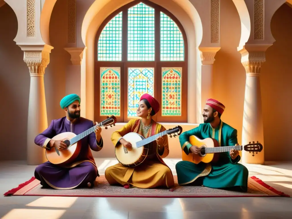 Imagen de un vibrante ensemble musical islámico en un patio adornado, creando una armonía de sonidos en el Islam