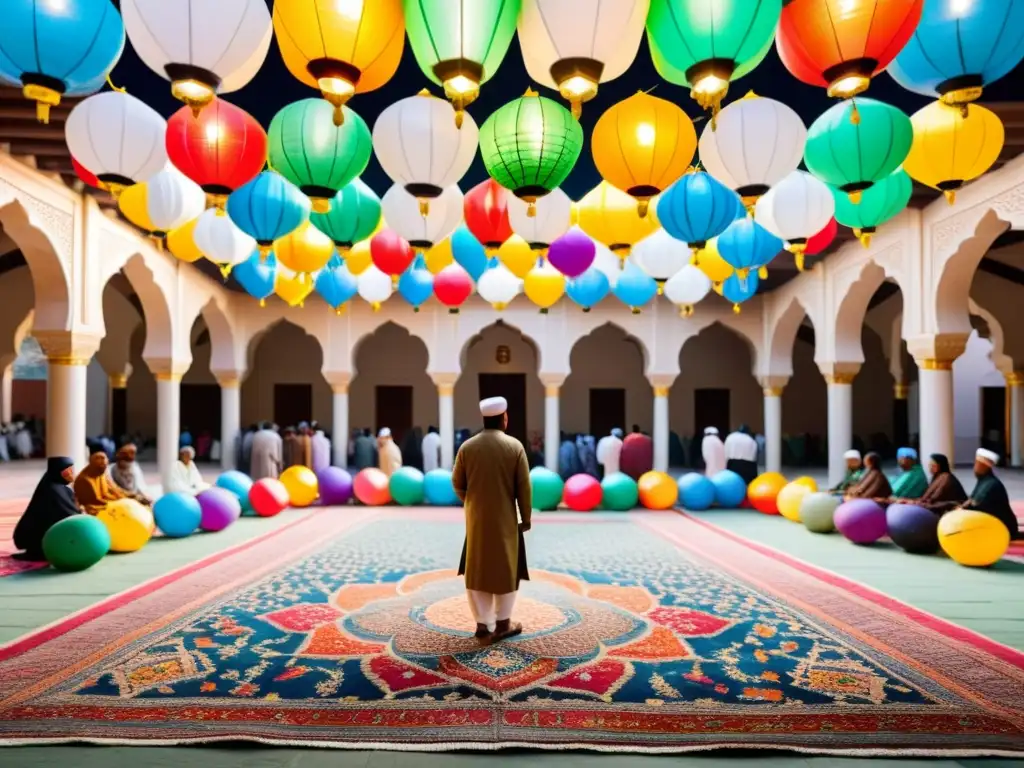 Una imagen vibrante de un patio de mezquita lleno de linternas coloridas y patrones geométricos islámicos