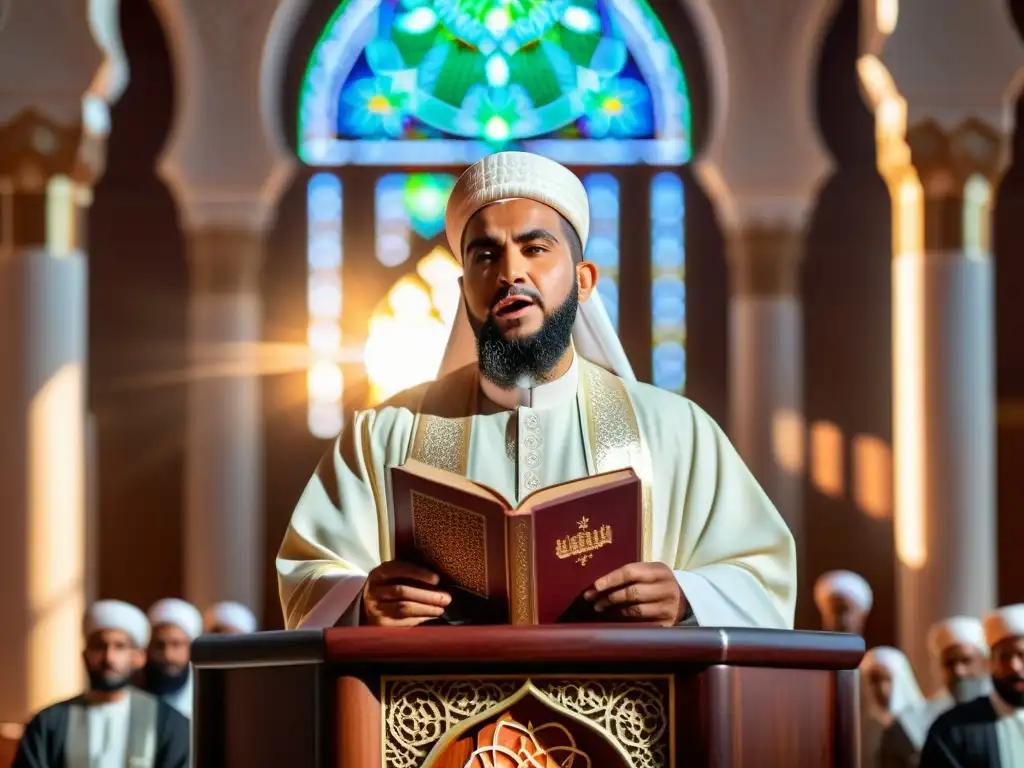 Imam islámico entregando un apasionado sermón desde un púlpito adornado en una mezquita