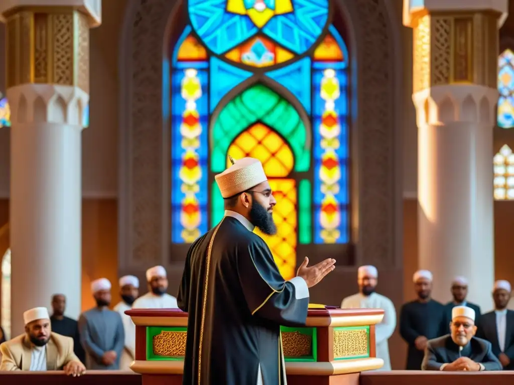 Imam musulmán pronunciando un apasionado sermón desde el púlpito de una mezquita, con una congregación diversa ante él