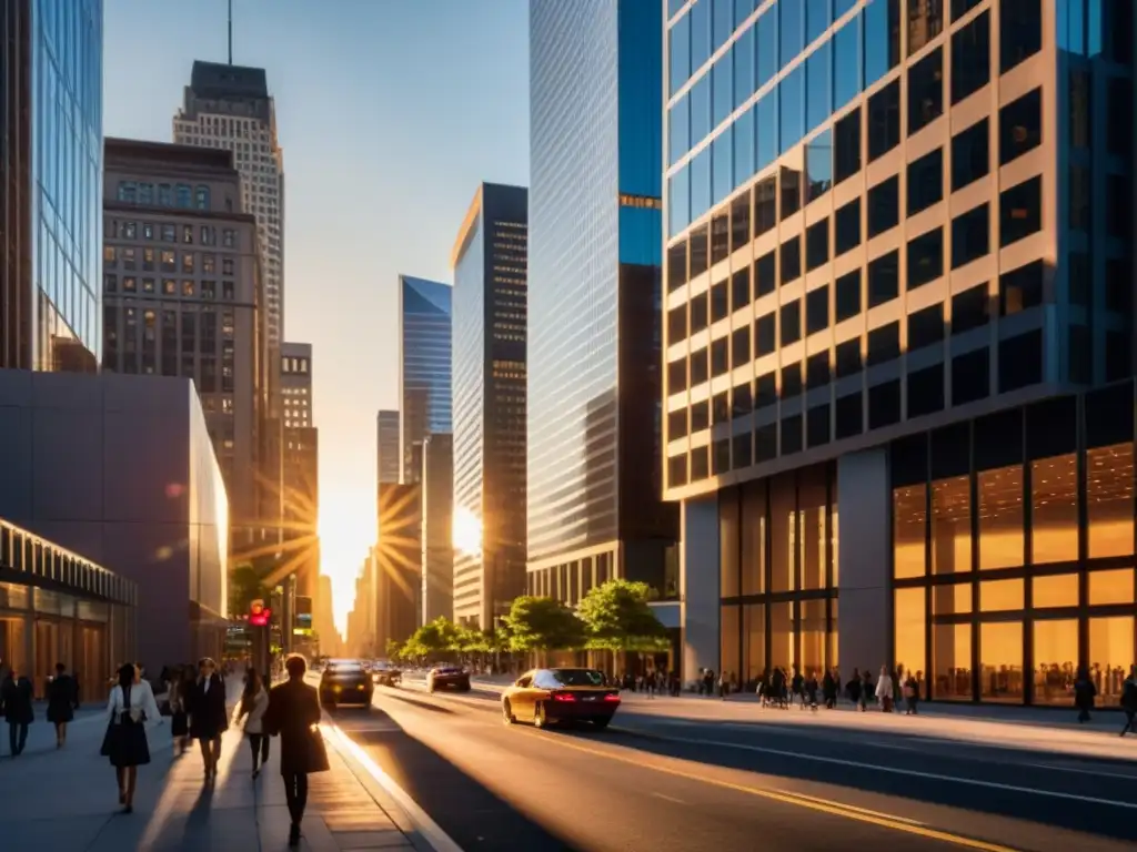 Una impactante imagen fotorealista de un bullicioso distrito financiero moderno al atardecer