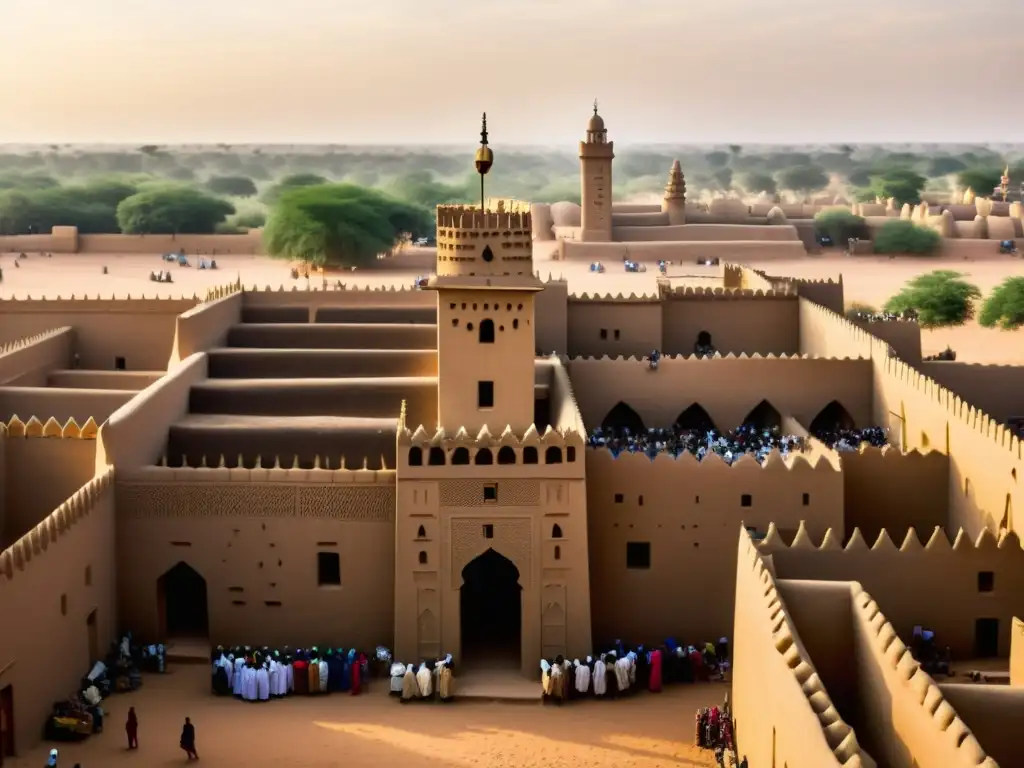 Una impactante imagen fotorrealista de la Gran Mezquita de Djenné en Mali, destacando su emblemática estructura de adobe con detalles de madera, minaretes ornamentados y un vibrante mercado