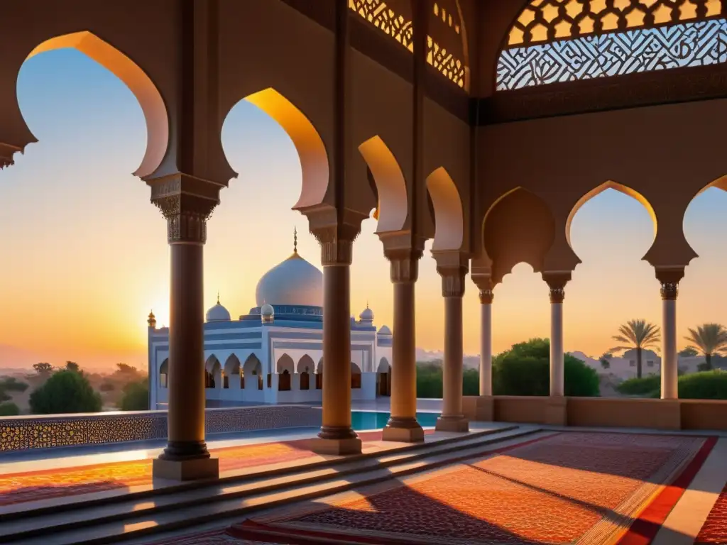 Una impactante pintura hiperrealista de una mezquita islámica tradicional al atardecer, con patrones geométricos intrincados adornando las paredes y una atmósfera serena y pacífica