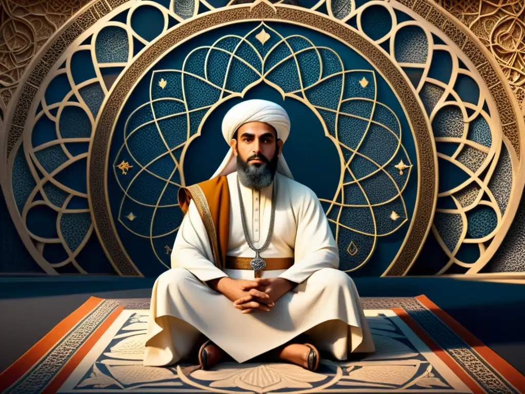 Ilustración impactante de Ibn Arabi en profunda contemplación, rodeado de intrincados símbolos que representan la trascendencia del amor