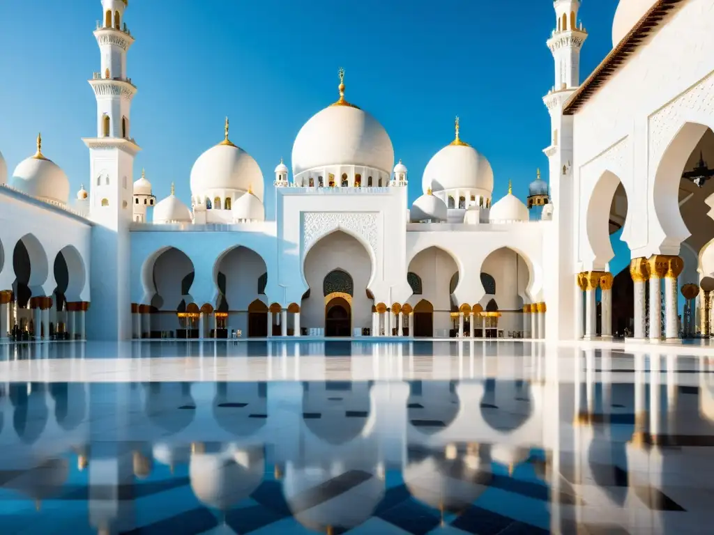 Imponente arquitectura contemporánea de mezquitas islámicas en la Gran Mezquita Sheikh Zayed, Abu Dhabi, con intrincados detalles y amplio patio