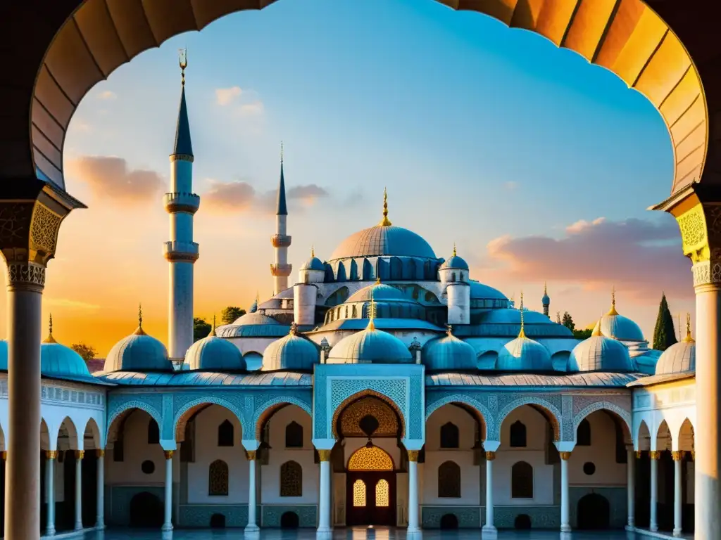 Imponente arquitectura del Palacio de Topkapi en Estambul al atardecer, evocando el legado cultural del Sultanato Solimán el Magnífico