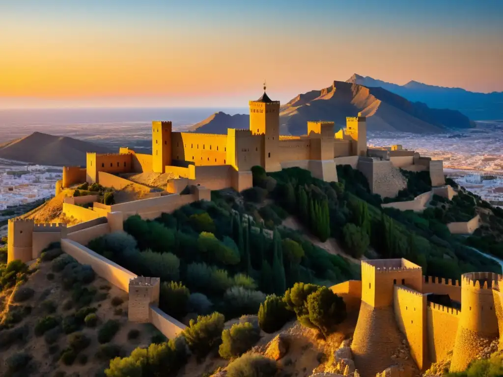 Imponente Alcazaba de Almería al atardecer, con sus murallas y torres defensivas islámicas destacando en la luz dorada