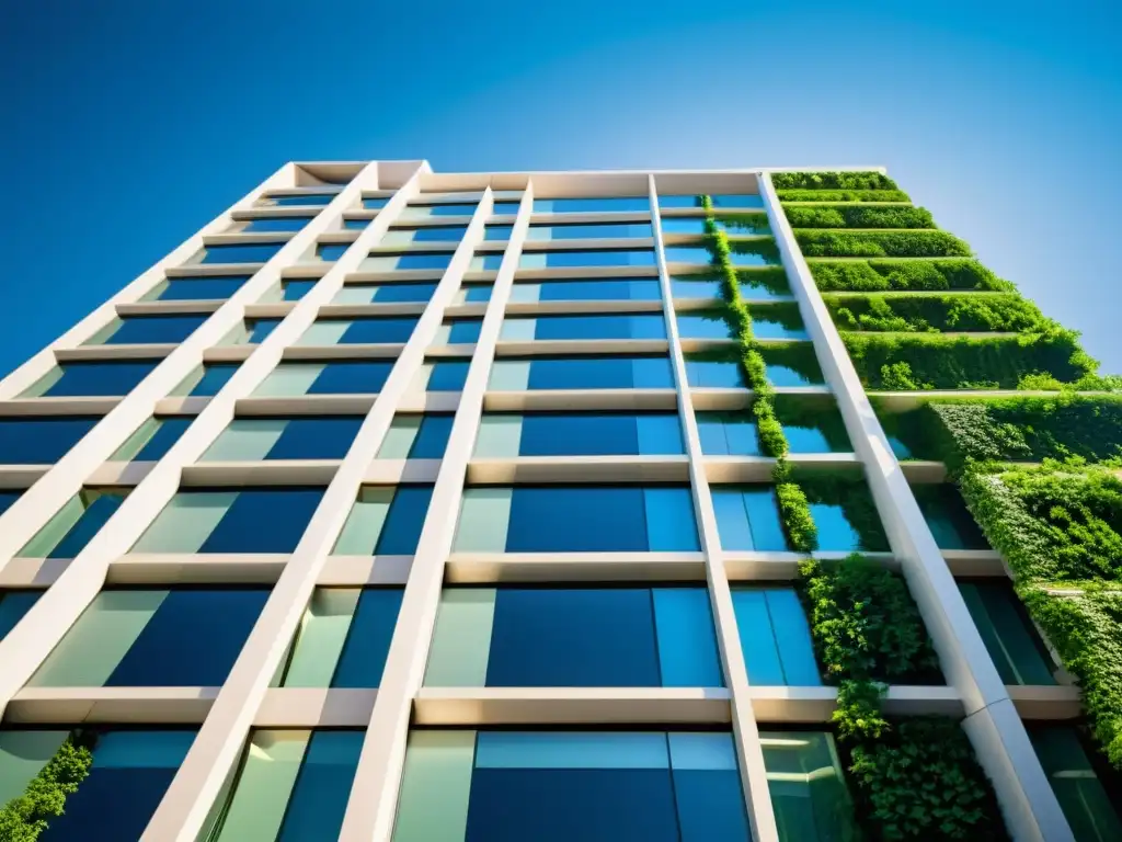 Imponente edificio de banco islámico moderno rodeado de exuberante vegetación, bajo un cielo azul claro