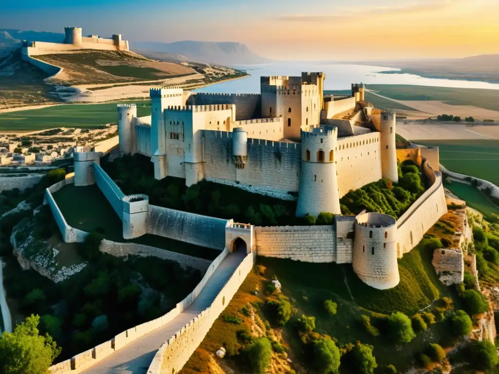 Imponente fortaleza de las Cruzadas, Krak des Chevaliers, destacando su arquitectura defensiva islámica al atardecer