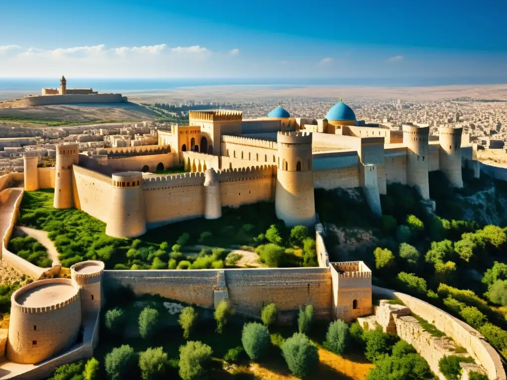 La imponente fortaleza de Alepo, con sus estructuras imponentes y detalles arquitectónicos, bañada por la cálida luz dorada, resaltando la historia y significado cultural de los Hamdánidas de Alepo y Mosul