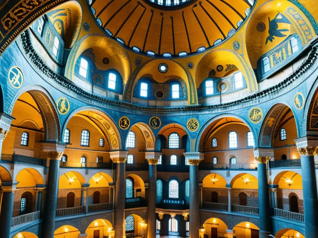 Imponente Hagia Sophia en Estambul, con influencias grecobizantinas en su arquitectura, bañada por cálida luz solar y cielo azul claro