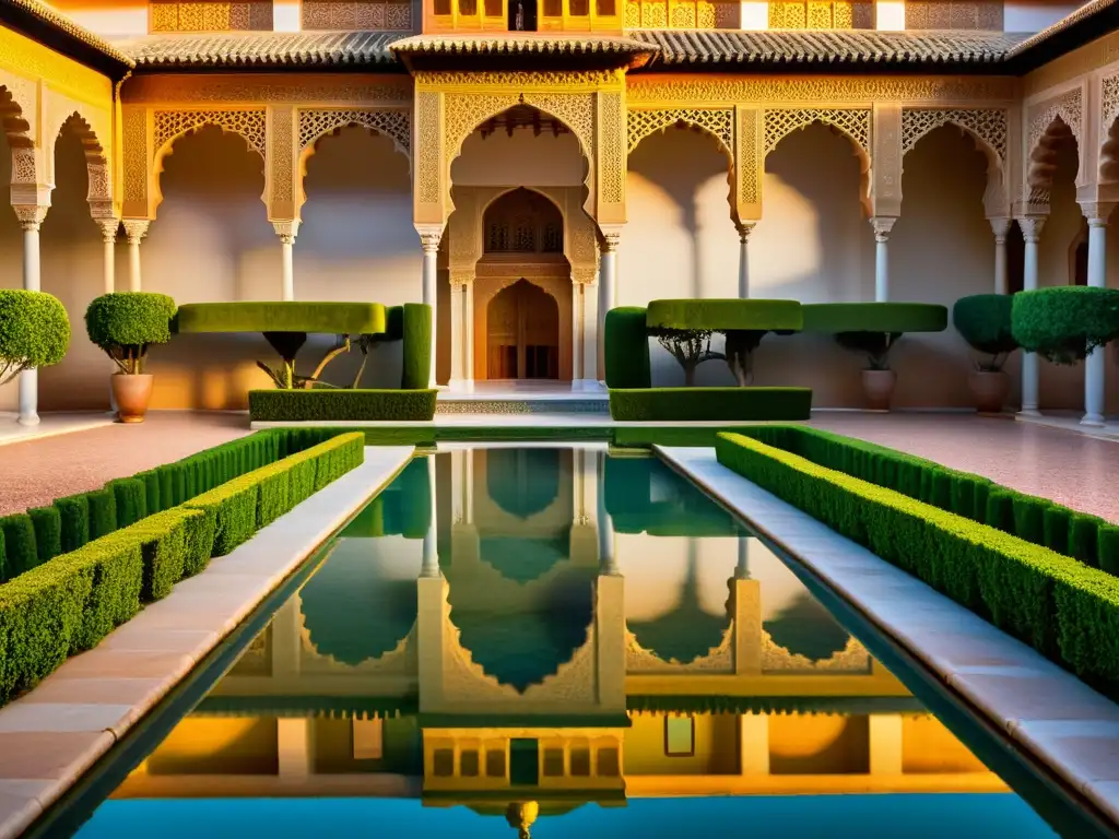 Imponente imagen de la Alhambra al atardecer, reflejando la herencia islámica preservada por moriscos en su arquitectura y jardines