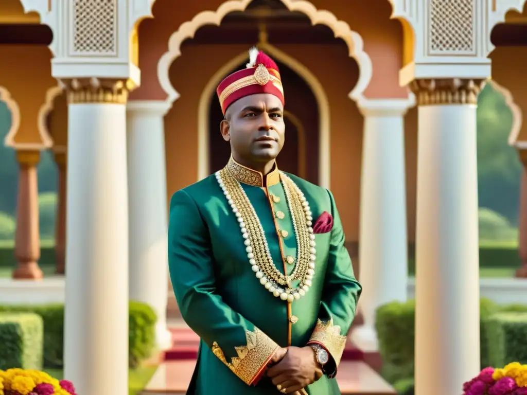 Imponente imagen de Malik Ambar, esclavo africano convertido en regente en India, reflejando fuerza y sabiduría en un palacio indio opulento