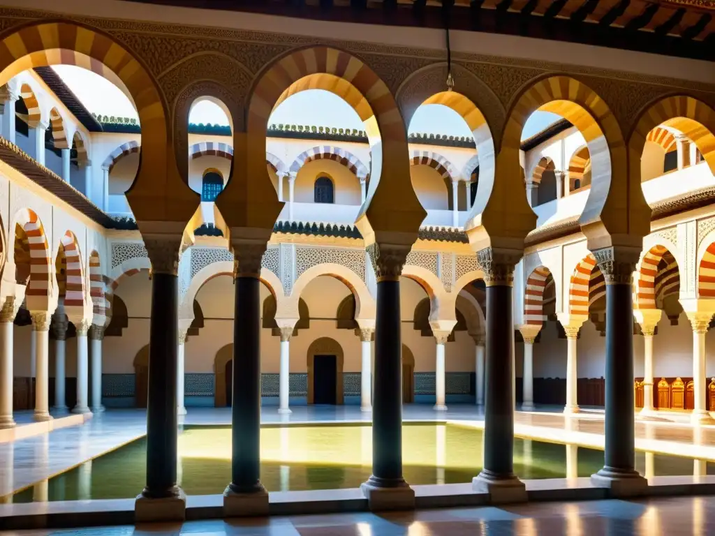 Imponente imagen panorámica de la Gran Mezquita de Córdoba, fusionando elementos islámicos y cristianos, destacando la expansión del islam más allá de la península arábiga en la historia de España