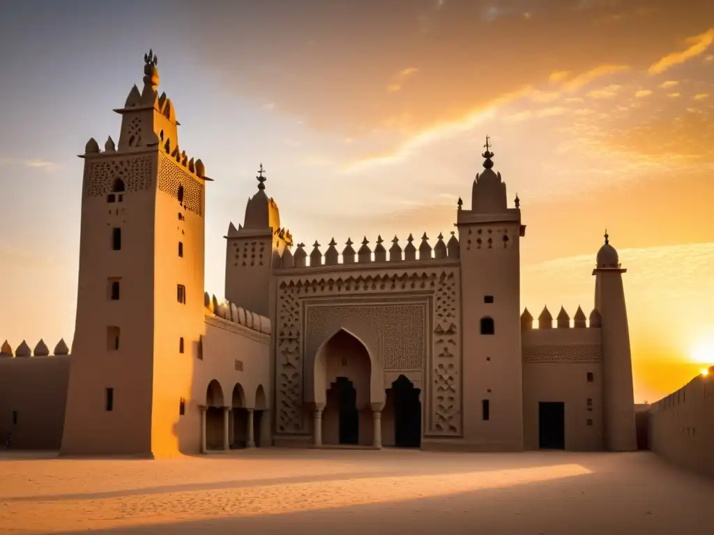 Imponente mezquita de Djenné al atardecer, con su arquitectura de ladrillo y minaretes destacando la llegada de la fe musulmana a África