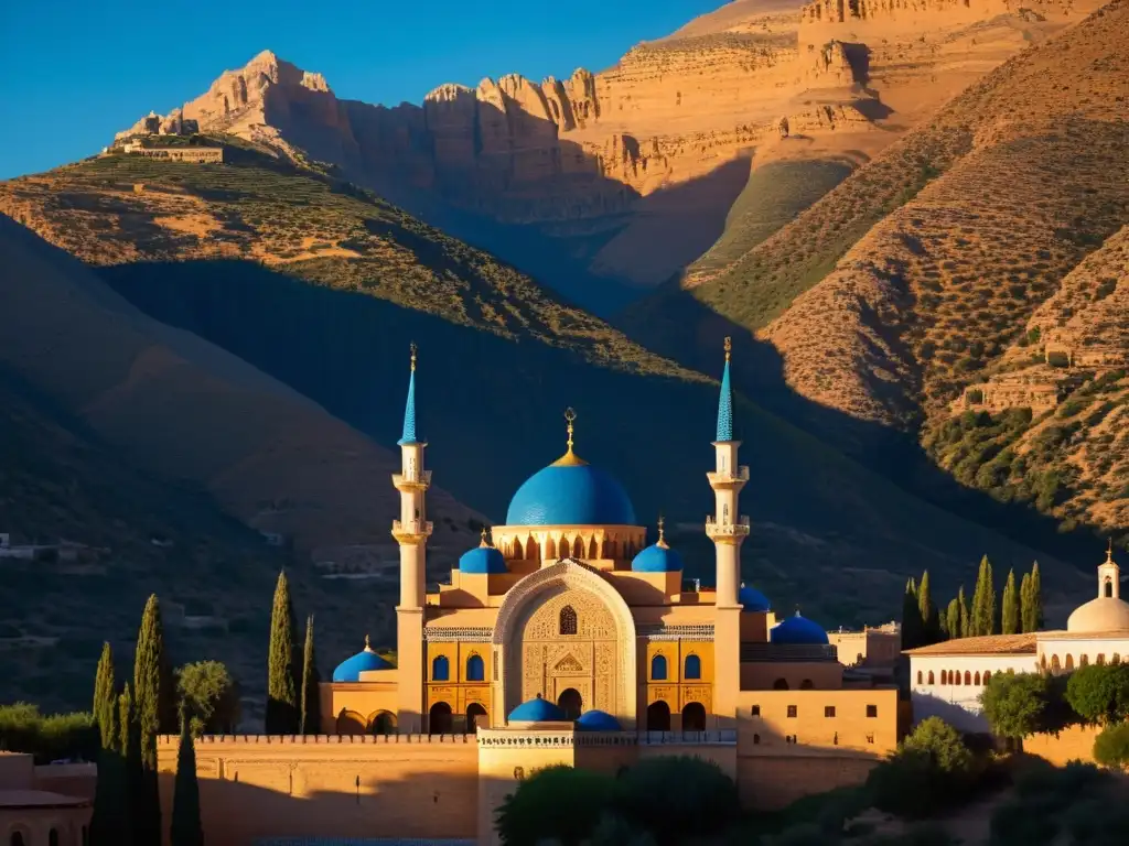 Imponente Mezquita de Corazón en Chechenia al atardecer, con misteriosas sombras y detalles arquitectónicos precisos