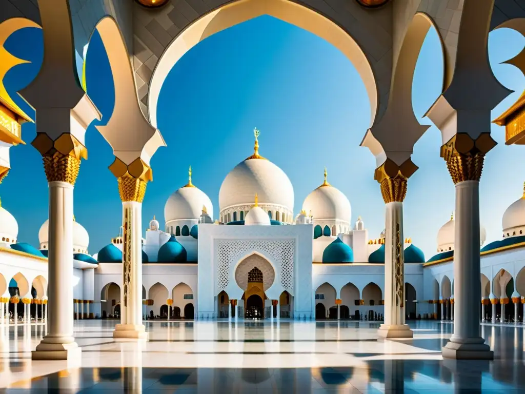 Imponente mezquita Sheikh Zayed en Abu Dabi, reflejo de la influencia arquitectura contemporánea islámica, luz y sombra en cúpulas y arcos