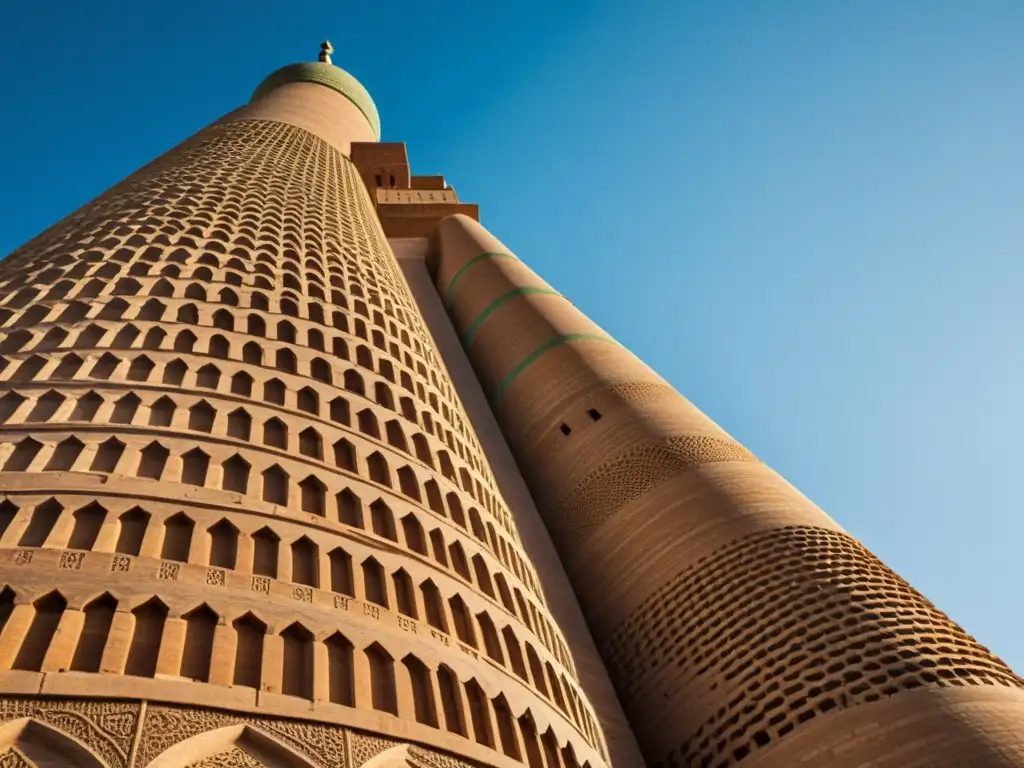 Imponente minarete de la Gran Mezquita de Samarra en Iraq, con detalles ornamentales y una arquitectura impresionante en el mundo islámico