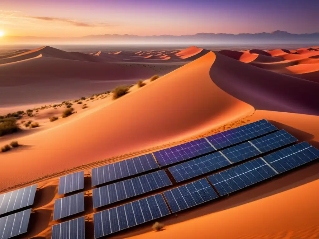 Imponente paisaje desértico al atardecer con paneles solares, reflejando la belleza y potencial de energías renovables en el mundo islámico