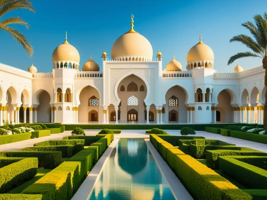 Imponente palacio de los emires Emiratos Árabes, Qasr Al Watan, con detalles arquitectónicos, luz dorada y exuberantes jardines