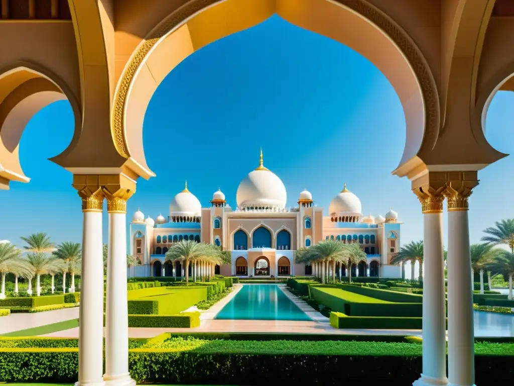 Imponente Palacio de los Emires en Emiratos Árabes, con cúpulas blancas y detalles dorados, rodeado de exuberante vegetación y cielos azules